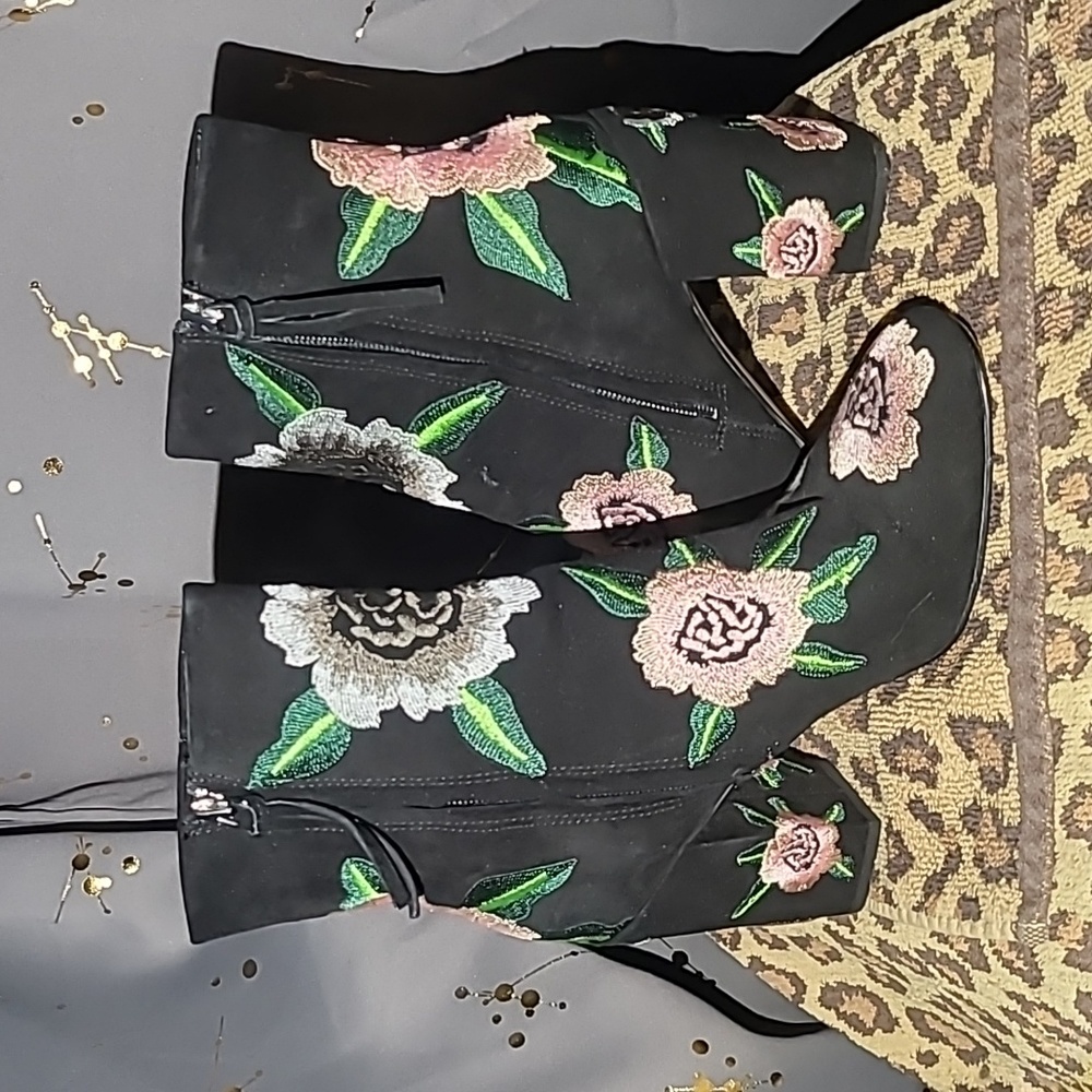 Black Suede w/embroidered flowers heeled boots Rebecca Minkoff